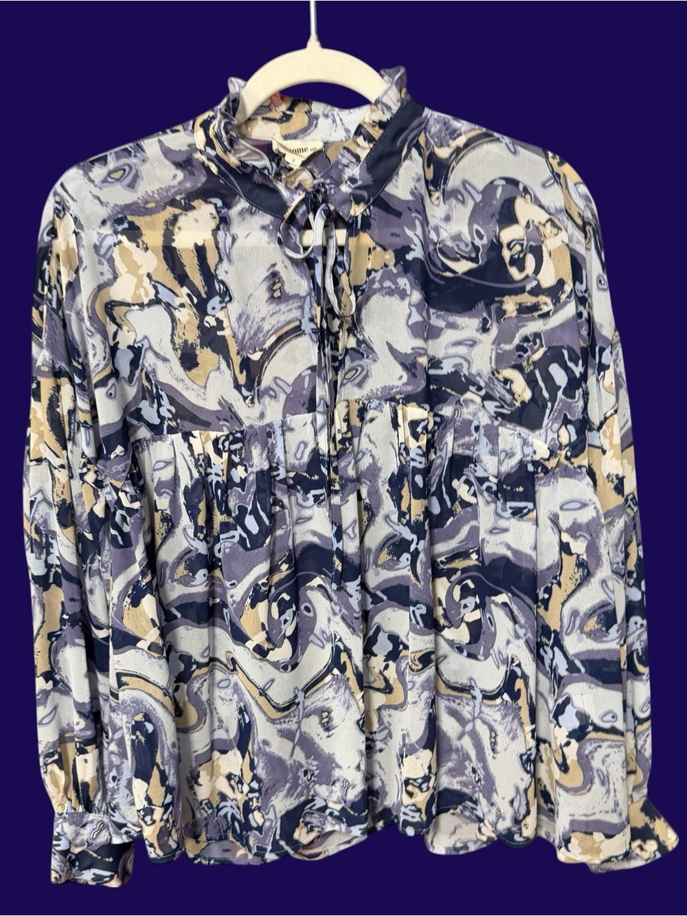 ee:some women’s size Small Blouse Navy Blue Beige Peasant Cropped Peplum Shirt